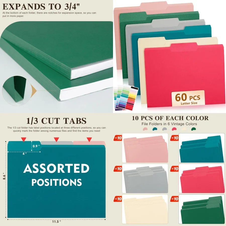

Color File Folders 1/3-Cut Tabs Letter Size Assorted Colors Organizer File Folders for School Home Office Business Storage Solu
