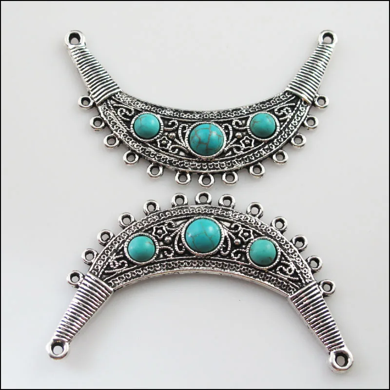 2Pc Retro Tibetan Silver Stone Moon Charms Pendants Connectors 40x67.5mm