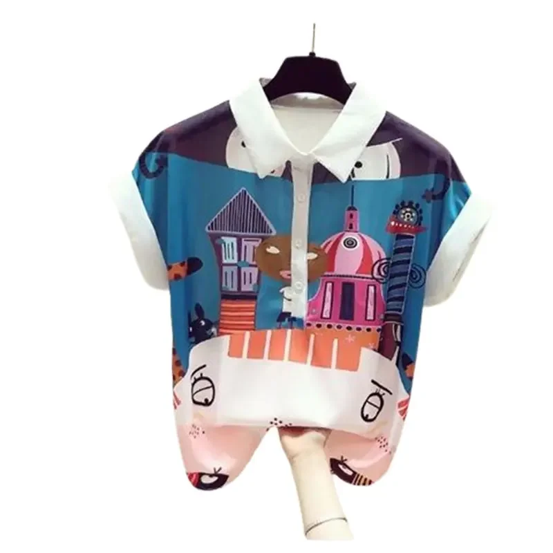 2025 Moda elegante Harajuku Slim Fit Abbigliamento donna Allentato Casual All Match Top Donna Patchwork Bottone Manica corta Blusa