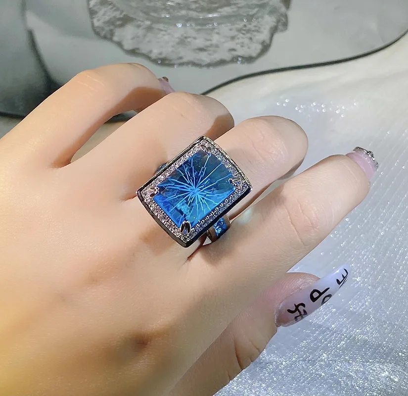 Delicate Favorite Aquamarine Topaz Sapphire Princess Baguette Couple Ring For Women Geometric Full Diamond Anniversary Jewelry