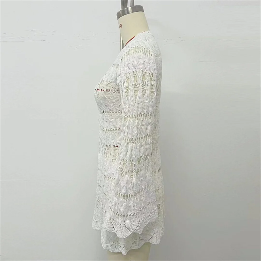 Ausgehöhlte, langärmlige, einfarbige, gehäkelte, gestrickte Tunika, Strand-Überwurf, Strandkleid, Strandmode, Damenbekleidung, K8579 – Detail 7