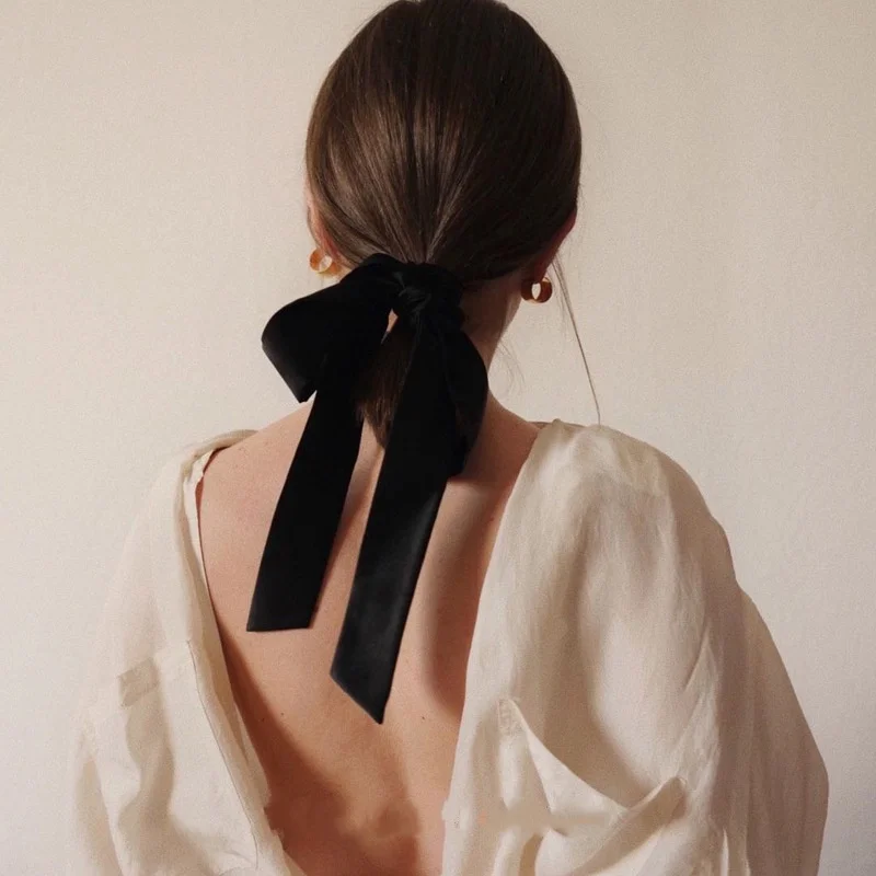 

French lazy ribbon velvet hair rope women's bow headband black big tie hair elastic ins hair accessories