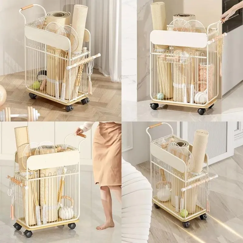 Removable Metal Wire Storage Rack with Wheels for Yoga Mats and Outdoor Sports Equipment Floor Trolley Shelf for Living Room