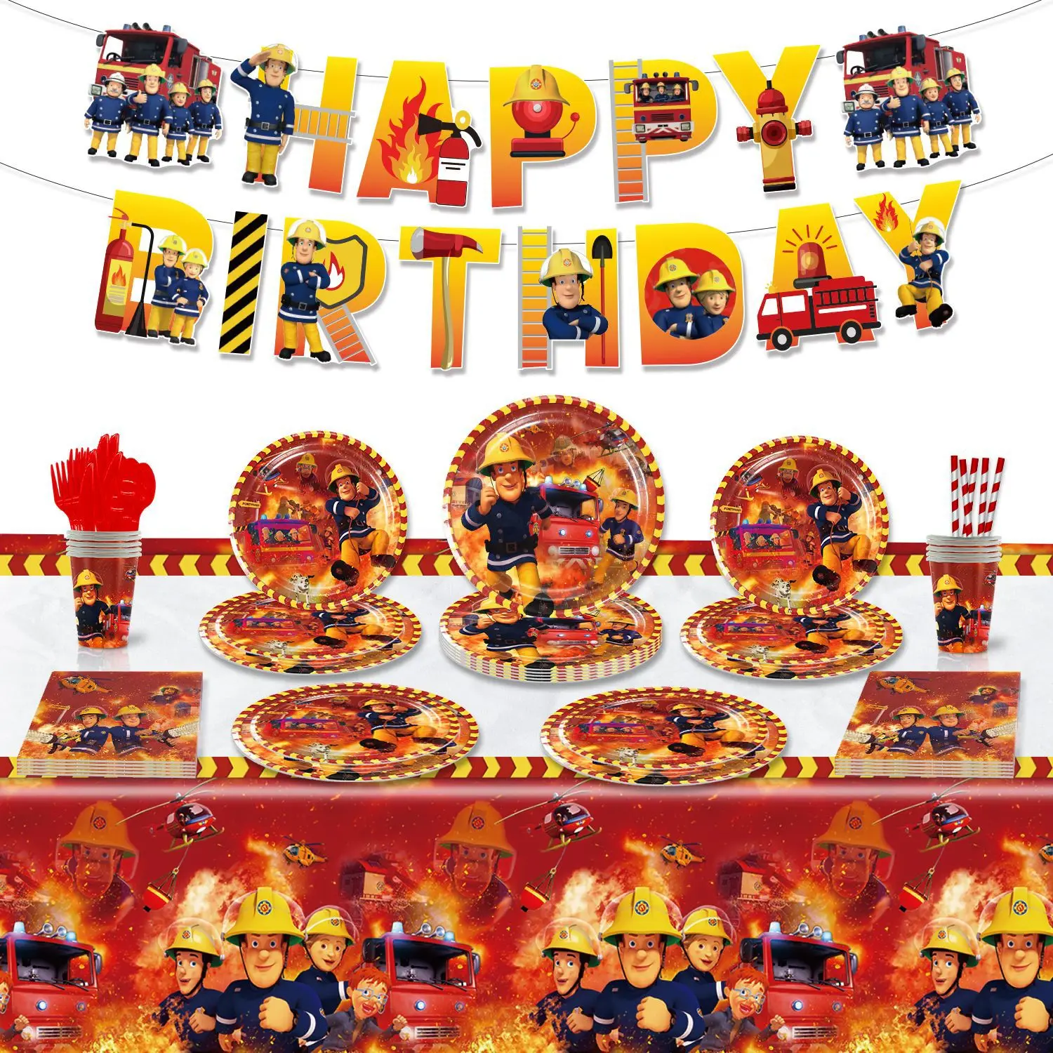 Fireman Sam Themed Tableware Paper Plate Cup Table cloth Fire Truck Ballon Kids Boys Firefighter Birthday Party Decoration