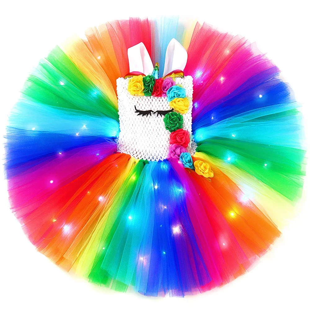 Girls Unicorn Dress LED Light Up Rainbow Flowers Princess Tutu Dress Baby Girl Birthday Party Clothes Halloween Costume for Kids