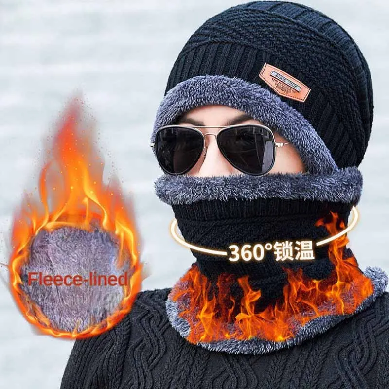 Winter Men's Beanie Knitted Hat Winter Hat Beanie Hat Women's Thick Fleece Collar Scarf Hat Balaclava Face Mask Hat