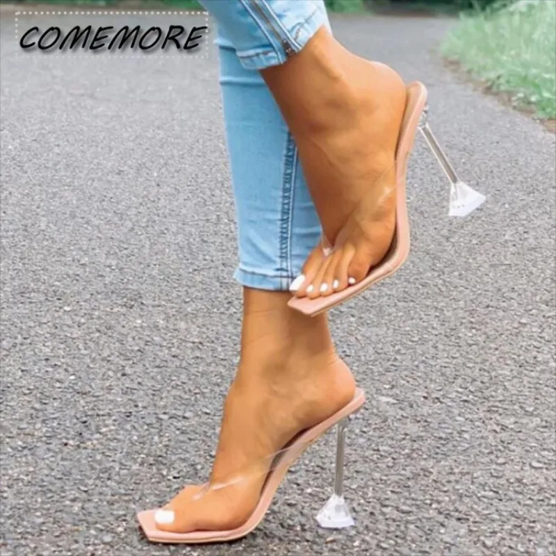 Fashion Open Toe Woman Pumps 2024 New Summer Slippers Crystal Strange Style Heels Transparent Square Toe Women\'s Sandals Casual