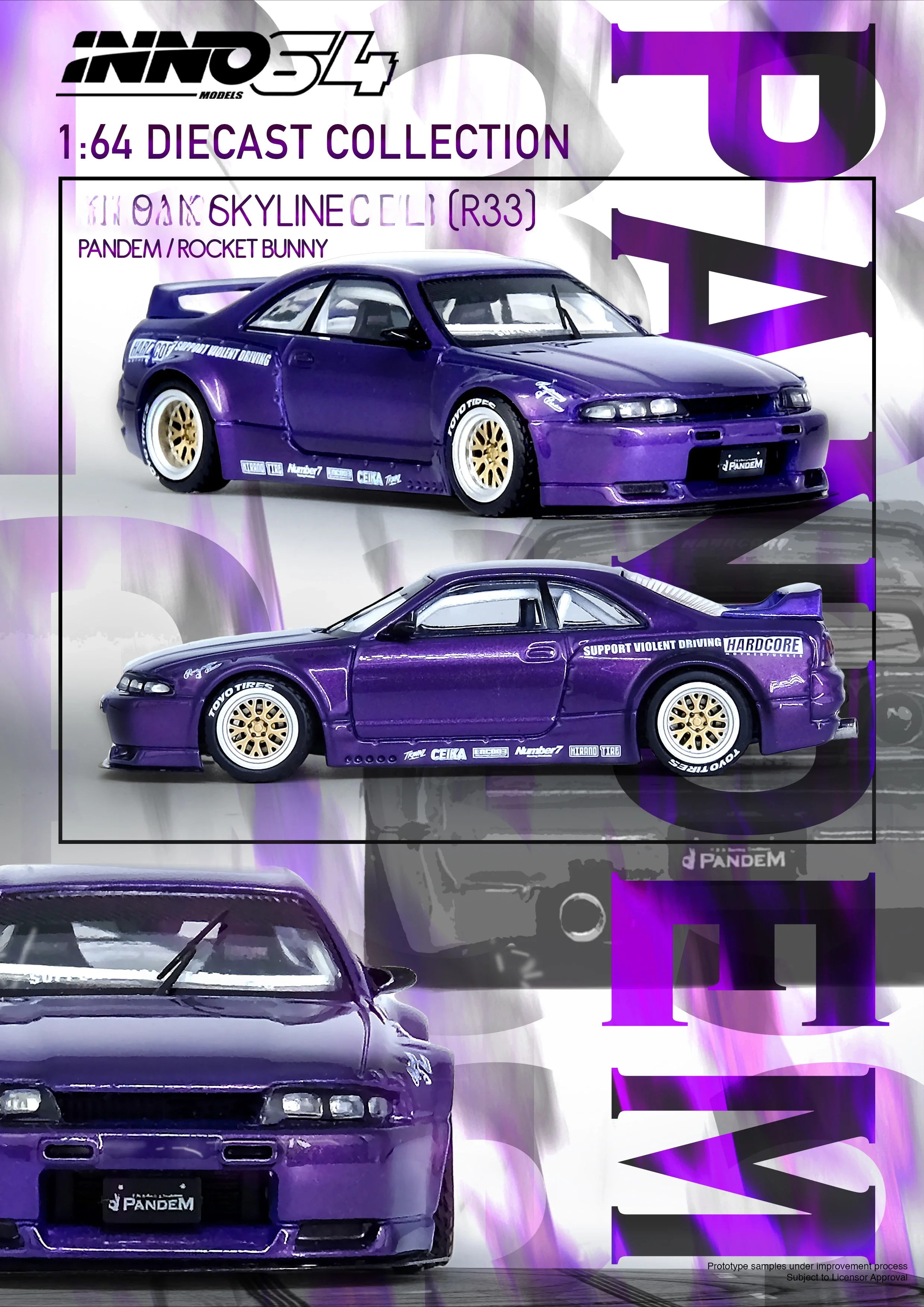 **Vorbestellung **INNO 1:64 SKYLINE (R33) PANDEM ROCKET BUNNY Lila Druckguss-Modellauto