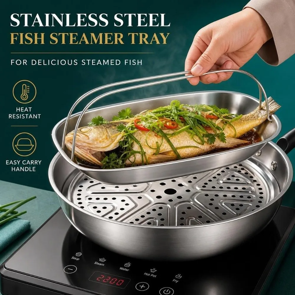 Stainless Steel Fish Steaming Tray with Handle Oval Stainless Steel Tray Home Daily Grilled Fish Plate Rice Meat Vegetable
