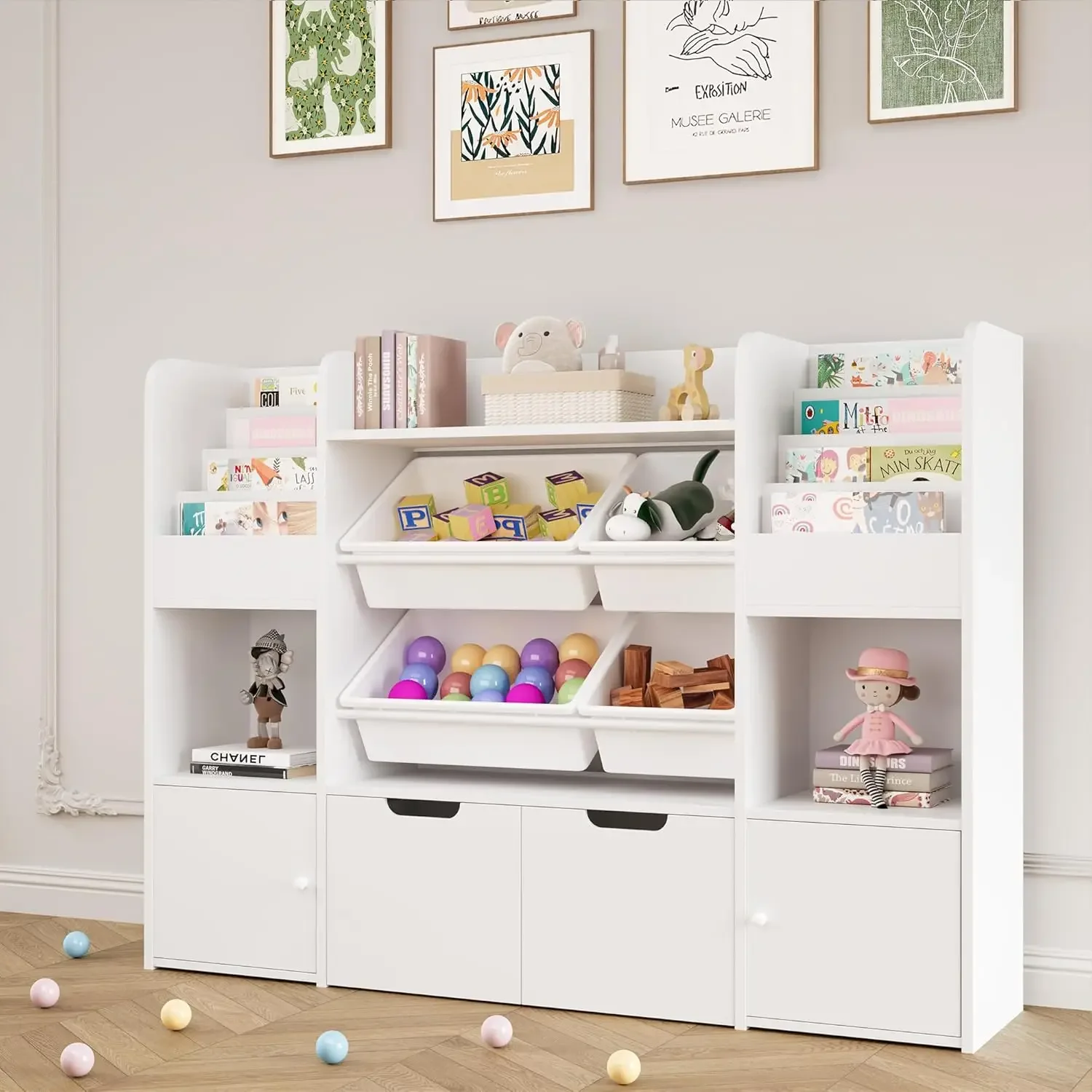 Grande organizador de armazenamento de brinquedos com 4 caixas de brinquedos, organizadores de brinquedos e armazenamento com 6 cubículos de armazenamento e 2 gavetas móveis