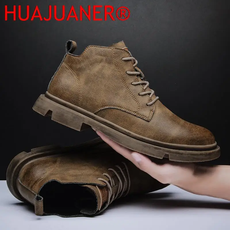 New Men's Leather Boots  Casual High Top British Style Non-Slip Jeans Boots Fashion Ankle Boots Business Shoes Erkek Bot