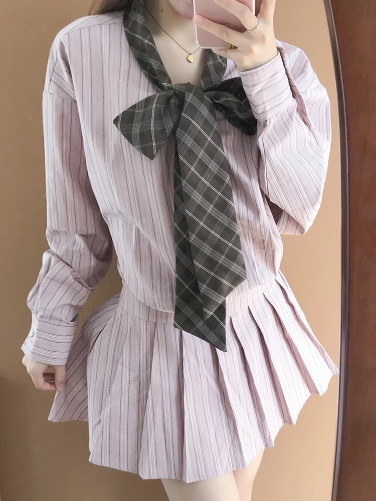 Koreaanse College Sle Roze Gestreepte irt Dr Dames Herfst Nieuw Design Sensation Knoop Geplooide ort Rok