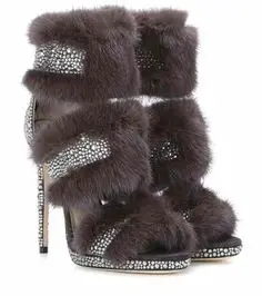 2025 Women Poop Toe Fur Mid Calf Boots Stiletto Heels Ankle Straps Fashion Shoes In Winter Solid Plush Sexy Party Dress Shoes