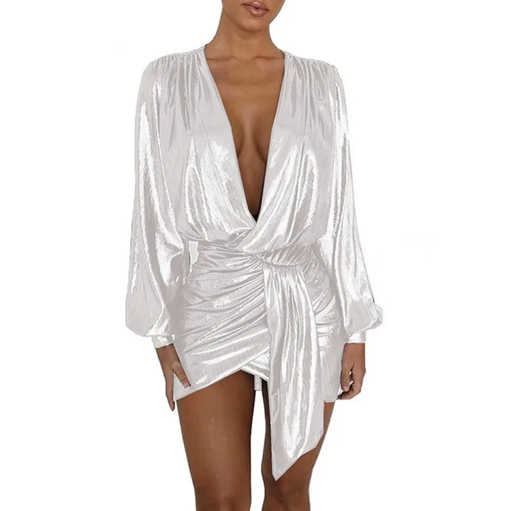 Plus Size Elegant Deep V-neck Long Sleeve Shiny Metallic Dress Women Evening Irregular Bodycon Mini Dress Vintage Ball Gowns