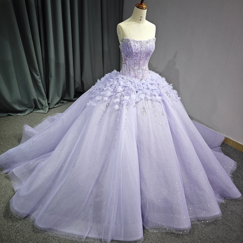 エレガントなプリンセスボールガウンキンセアニェーラドレスストラップレスパープルクリスタルカスタマイズされたビーズフリルvestidos de fiesta DY1189