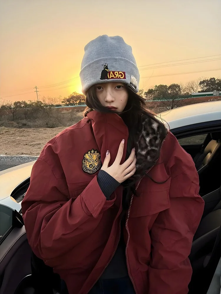 

Thiened American Leopard Print Red Workwear Cotton Jaet Men Women Winter Coat Mountain Eagle down Collar Cotton Padded