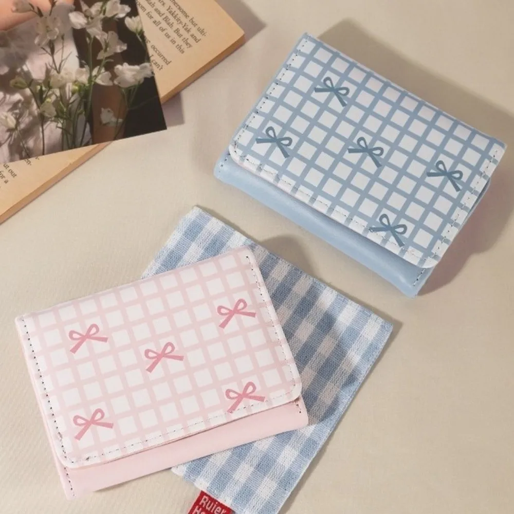 Cute PU Leather Short Wallet Multi Card Slot Grid Bow Print Card Holder Foldable Coin Purse