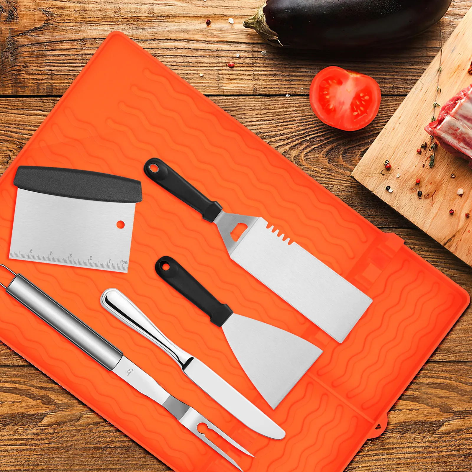 Griddle Tools Mat Silicone Grill Side Table Pad Utensil Rest with Multiple Slots Non-Slip Textured Surface Dishwasher Safe Grill
