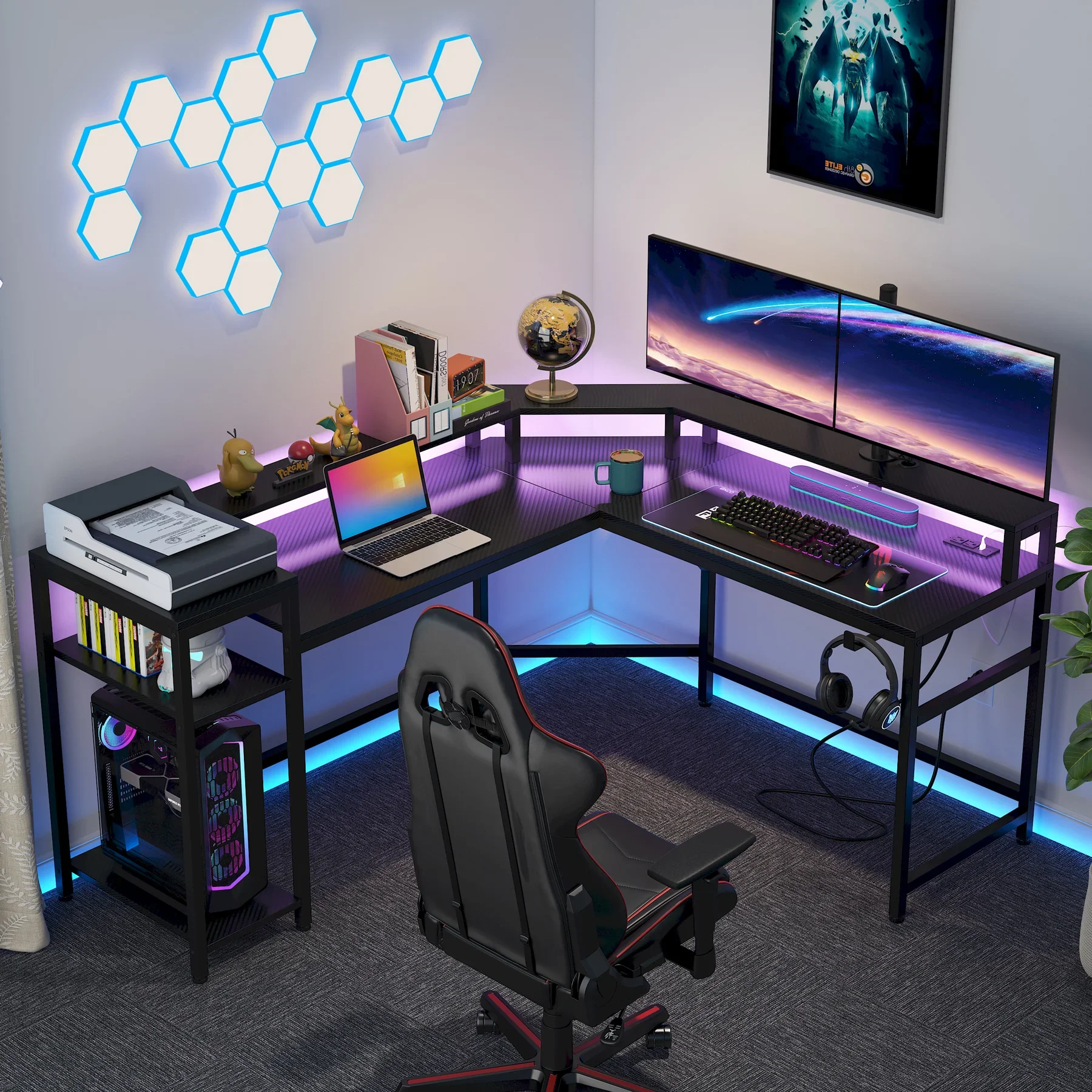 Tribesigns Black Gaming Desk with Power Outlets & LED Strips, L-Shaped Computer Desk with Storage Shelves, Writing Desk