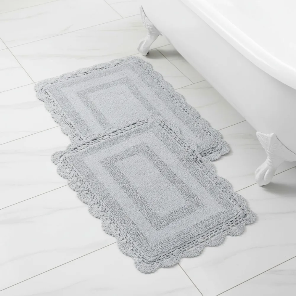 

Super Absorbent Cotton Bath Mat Set Reversible Crochet Soft Plush Bathroom Rug 2-Piece Light Grey