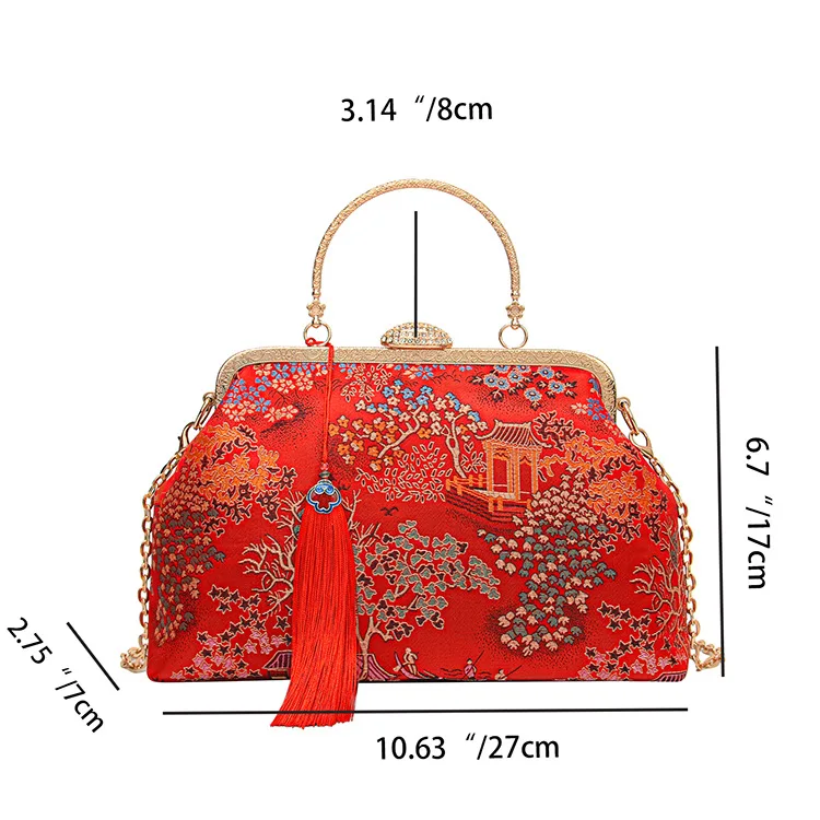 Torba wieczorowa Hanfu w stylu chińskim dla kobiet nadruk w stylu Vintage kopertówki z metalową rączką torebki wesele łańcuszkowa torba na ramię