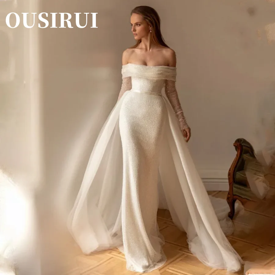 OUSIRUI-vestidos De novia con lentejuelas ostentosas, cola desmontable con hombros descubiertos, mangas completas, Vestido De sirena De Renda Estilo Sereia