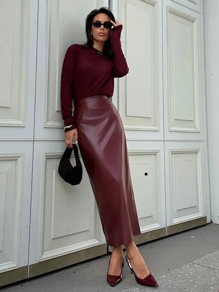 

2024 Autumn New Women's Retro burgundy Split Hip Skirt High-End Feel Fashionable Ladies Slim Fit PU Leather Half Long Skirt