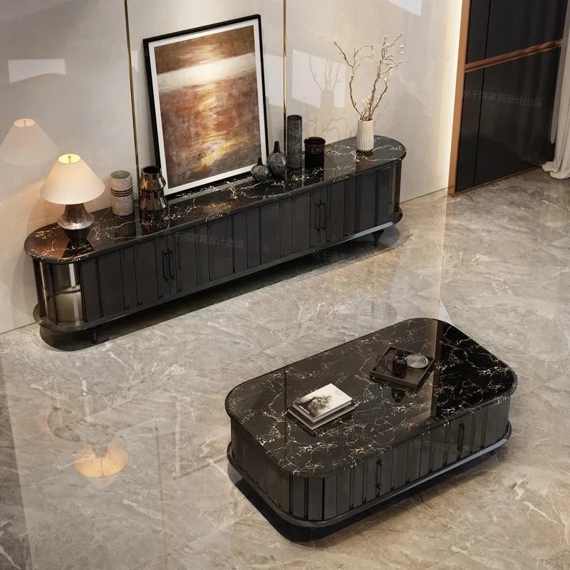 A retro TV cabinet coffee table combination living room marble floor cabinet with sensor light