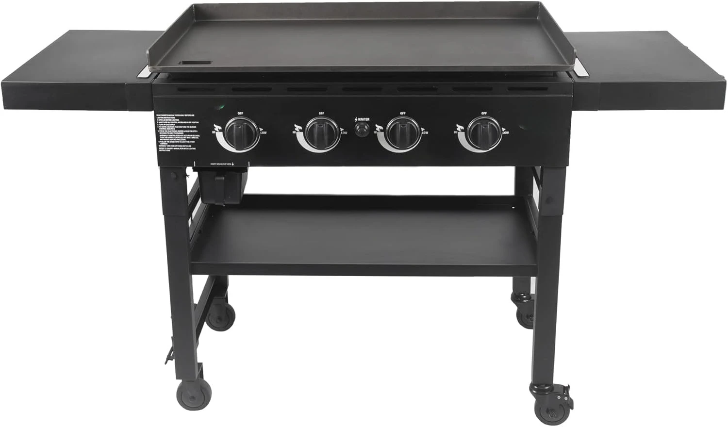 Plancha plana de gas propano de 4 quemadores con plancha superior de acero, protectores de viento y encendido instantáneo, 775 pulgadas cuadradas de cocina en negro