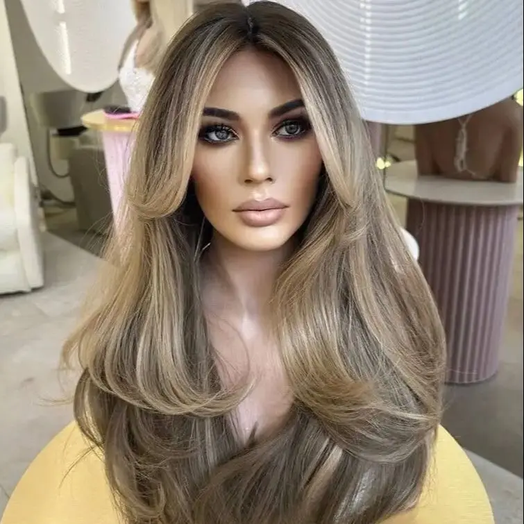 New Style Layer Natural Straight Highlight Light Caramel Brown Synthetic Lace Top Wigs Original Factory Cheap Wigs Daily Use