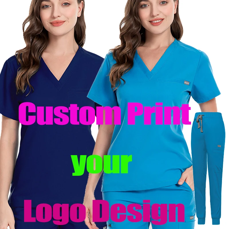 Custom Print Logos Beauty Salon Scrubs Sets Uniform Women Hospital Doctor Nursing Jogger Suits Spa Pharmacy Working Medical