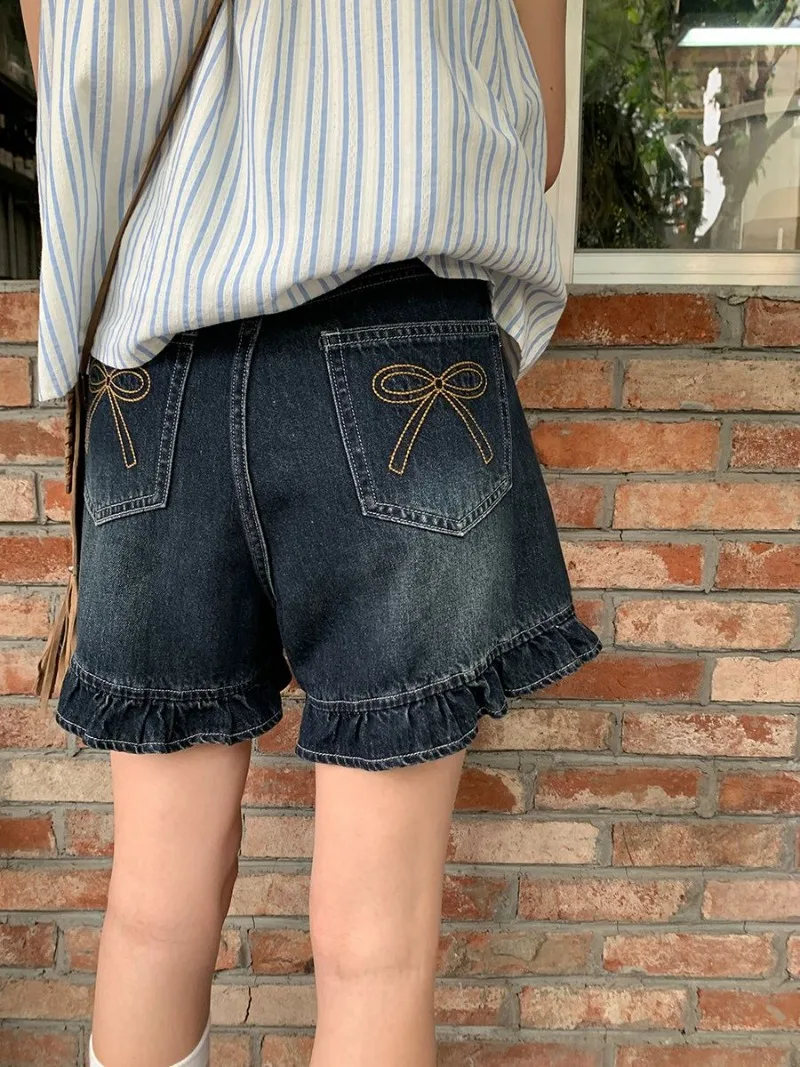 Vintage Bow Embroidery Y2k Shorts American Ruched Women Summer Straight High Waist Denim Short Jeans Spodnie do kolan