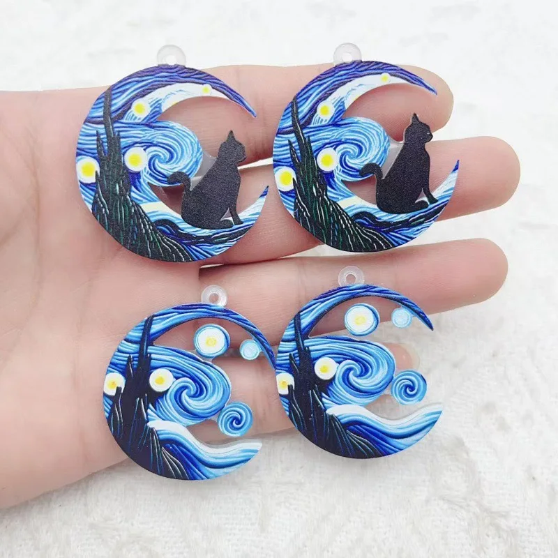 10PCS Acrylic Starry Sky Pattern Fashion Black Cat Acrylic Pendant DIY Jewelry Accessories