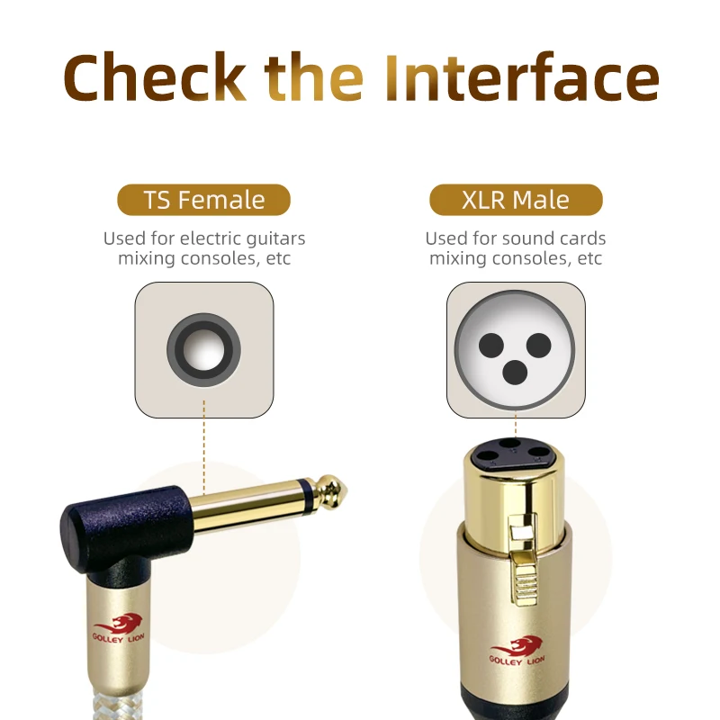 GOLLEY LION 90-Degree 6.35mm TS Jack to Straight 3-Pin XLR Female Adapter Cable for Speaker, Studio, and Microphone Connections