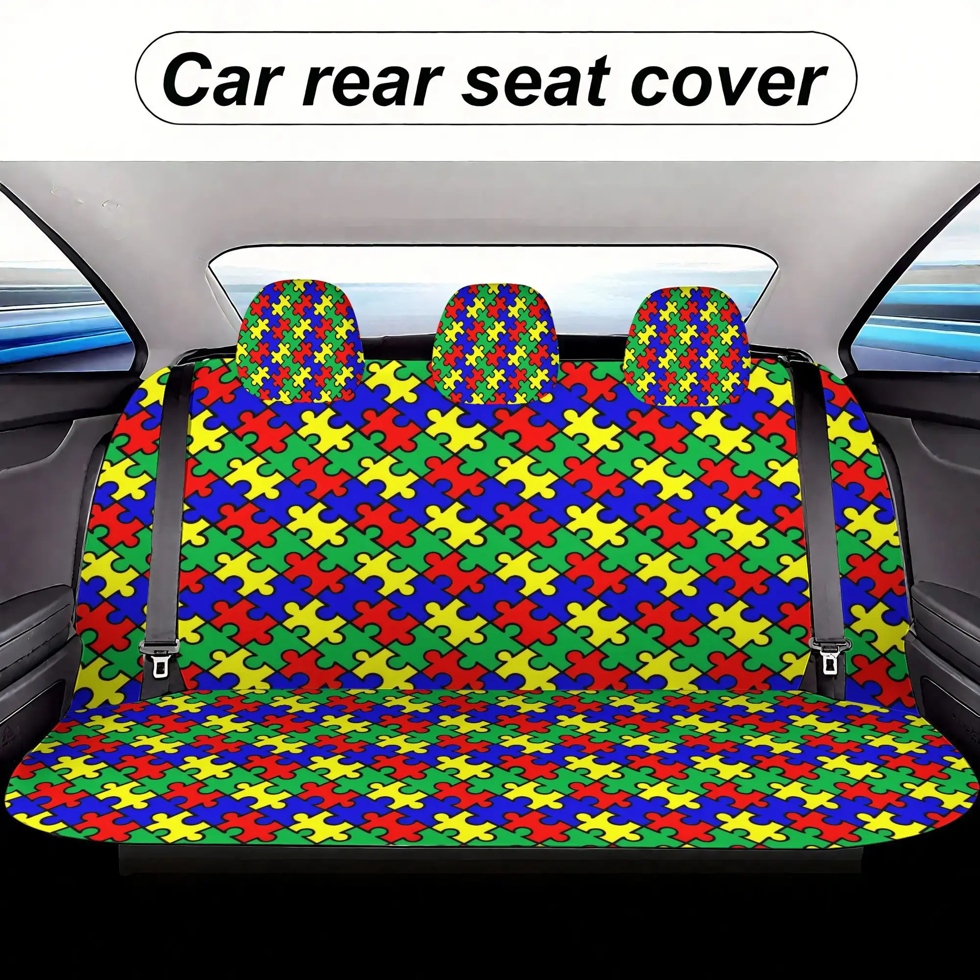 Complete Set Of Car Seat Covers With A Full Print Design - 7pcs, Featuring 2 Front Seat Covers, 1 Rear Seat Back Cover, 1 Rear S