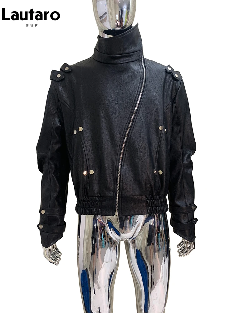 Mauroicardi Spring Autumn Cool Windproof Short Black Faux Leather Jacket Men Zipper Chic Luxury Designer Clothes Streetwear 2025