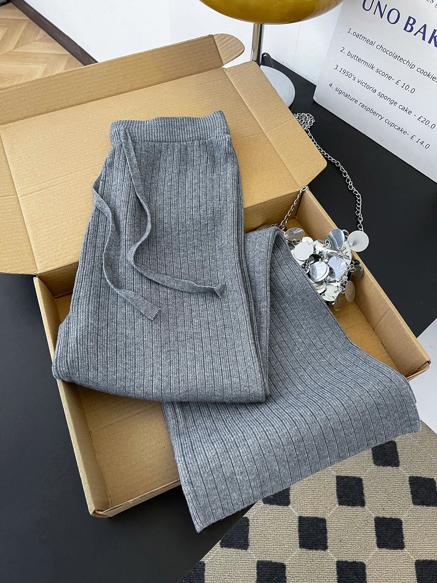 

Женские трикотажные брюки с высокой талией, прямые, широкие, с драпировкой, на шнурке, повседневные, для осени и зимы