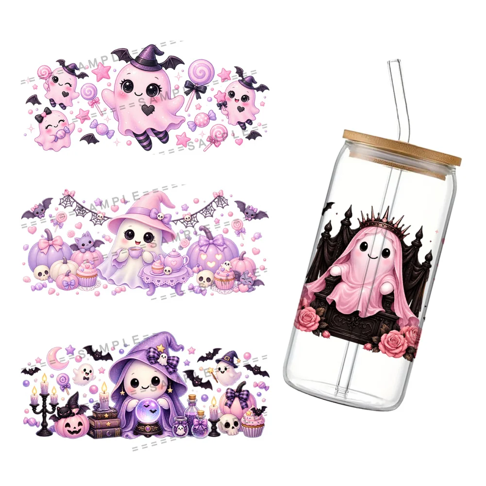11x24cm Halloween Cute Ghost Pattern Cup Wrap UV DTF Transfer Sticker For 16oz Libbey Glass Waterproof Decal Crafts