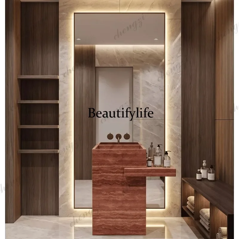 NQ52 Hotel medieval style red travertine floor integrated column basin rock slab wash basin outdoor washbasin vertical washing t