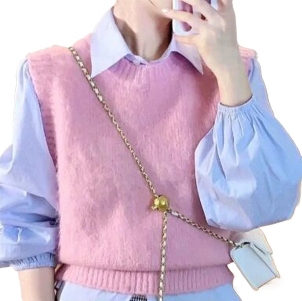 

Свитер-жилеты женские однотонные розовые универсальные осенние свободные вязаные топы с круглым вырезом студенческие модные удобные свитера большого размера топы