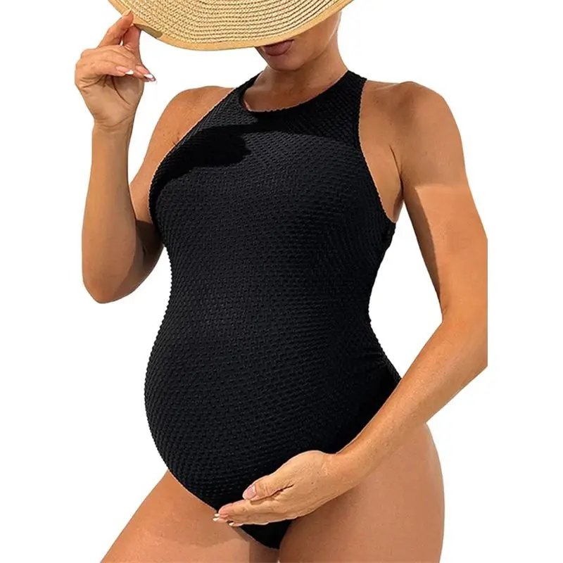 ABUE-Women Swimsuit Solid Ribbed Monokini Swimwear Scoop Neck Low Back Bathing Suit
