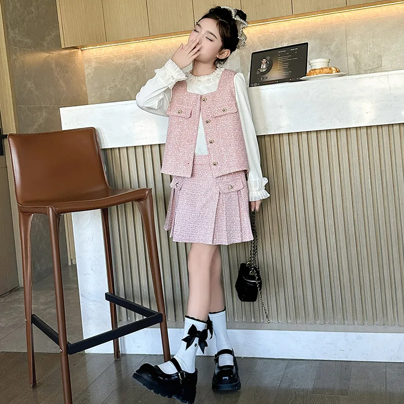 

Children Girls Outfit Autumn Kids Girls Round Neck Long Sleeves Top+Single-breasted Vest+Pleated Skirt Teenager Girls 3pcs Sets