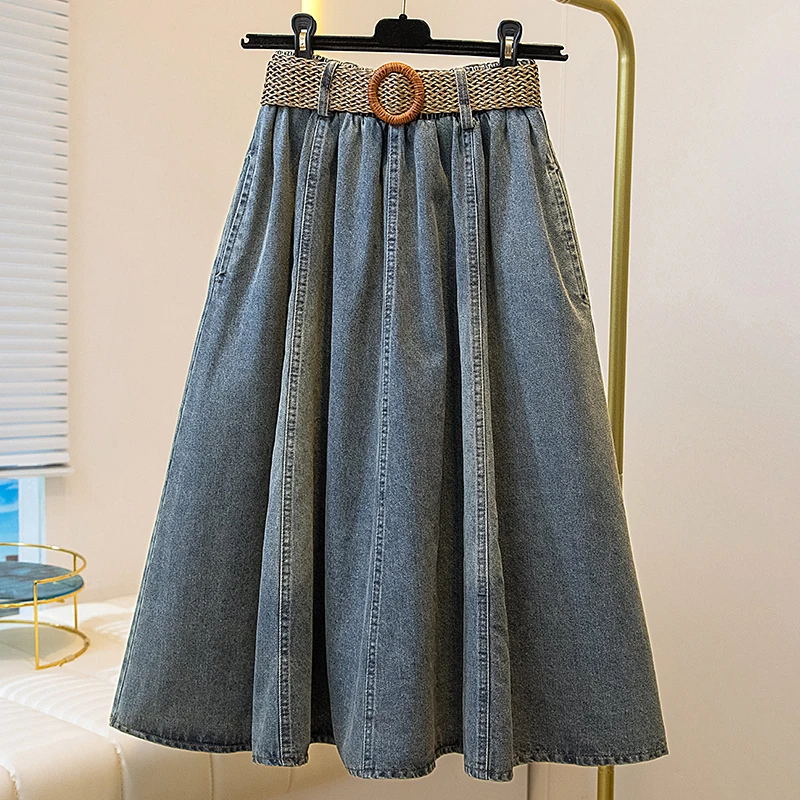 

Джинсовая юбка с высокой талией больших размеров, модная, стройнящая, скрывающая недостатки фигуры, весна-осень, новый стиль, женская, ретро, для повседневной носки, художественная.