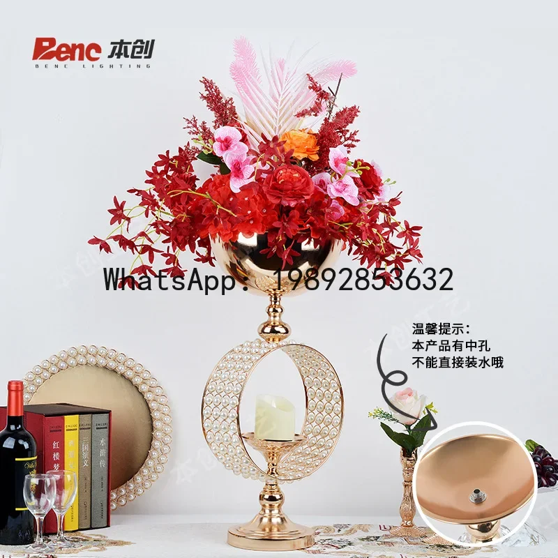 4-10 European gold wrought iron flower pot, ring pearl flower ware, metal vase, wedding table flower ornament
