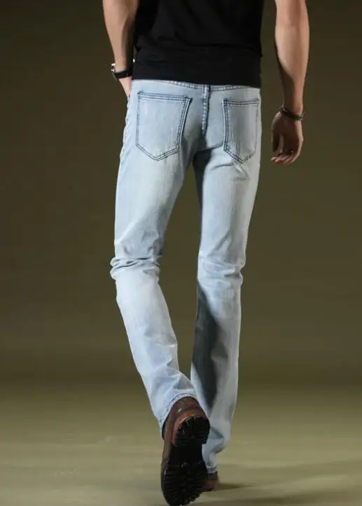 Men\'s Distressed Washed Jeans Elastic Flared Pants , High Waisted Denim Trousers, Wide Leg Pants