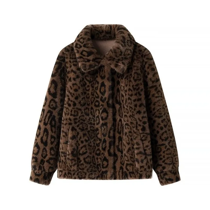 Nowe płaszcze jesienno-zimowe Krótkie płaszcze ze sztucznego futra Modne kurtki z futra norek w panterkę Puszyste, miękkie, z klapami, zapinane na jeden guzik, ciepłe i stylowe