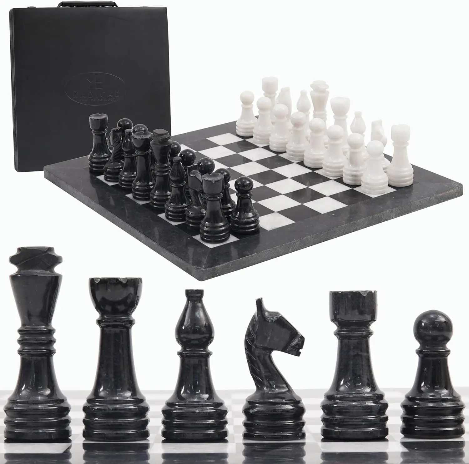 Marble Set with Storage Box 15 Inches Black and White Handmade Sets for Adults -1 Board & 32 Chess Pieces