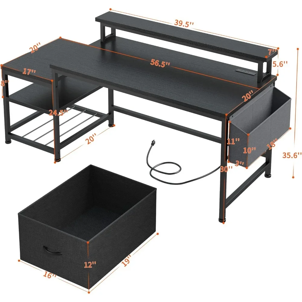 Scrivania per computer da 56,5 pollici con presa di corrente, scrivania per ufficio domestico, studio, scrittura, scrivania da gioco, con supporto per monitor