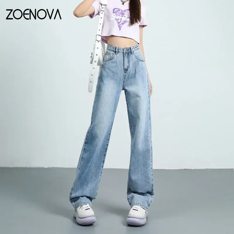 ZOENOVA Y2K Loose Comfortable Non Elastic Light Blue Jeans Looking High Waist Straight Trousers 2023 Fashion Female Casual Pants