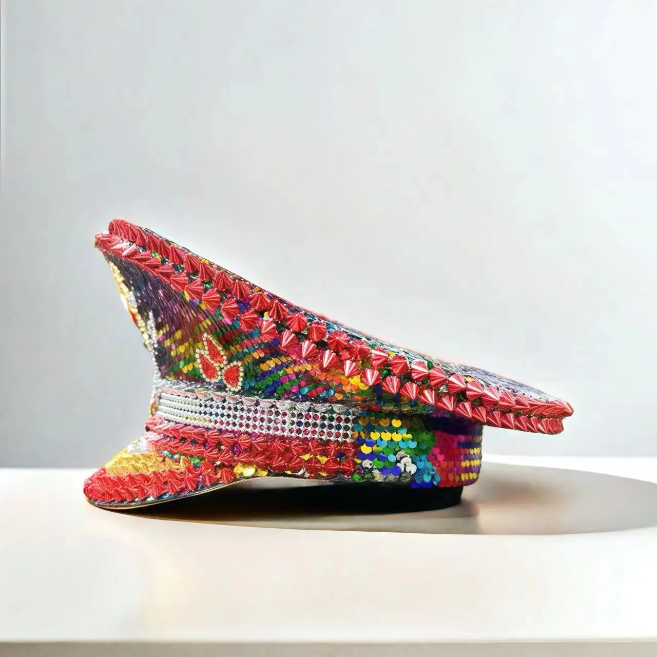 HongLuan Roter Kapitän Hüte Strass für Burning Man Festival Frau, Halloween Kostüm Hut Erwachsene, Cosplay Damen Accessoires